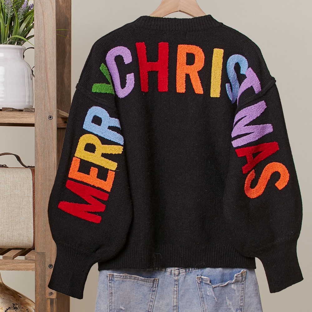 3D MERRY CHRISTMAS Black Rainbow Raised Letters Long Sleeve Sweater
